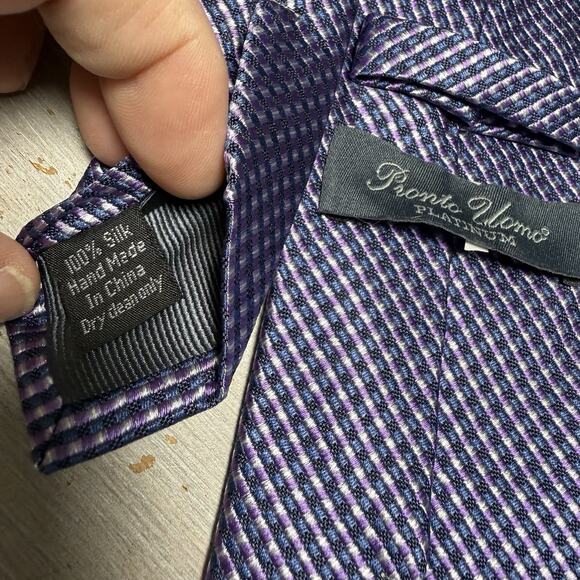 Pronto Uomo 100% Silk Tie Platinum Purple & Blue Check Hand Made 3.5” x 60” - Picture 5 of 7
